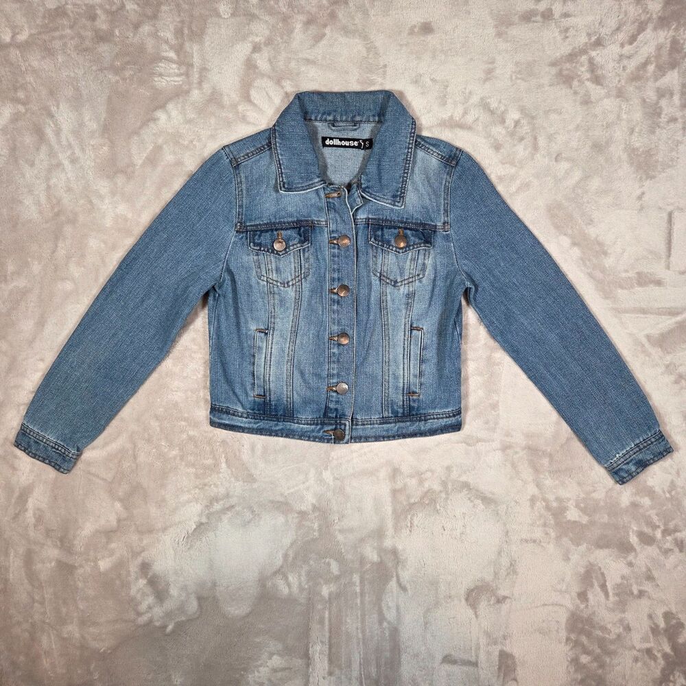 Dollhouse Denim Jacket Womens S Blue Trucker Cropped Stretch Jean Jacket